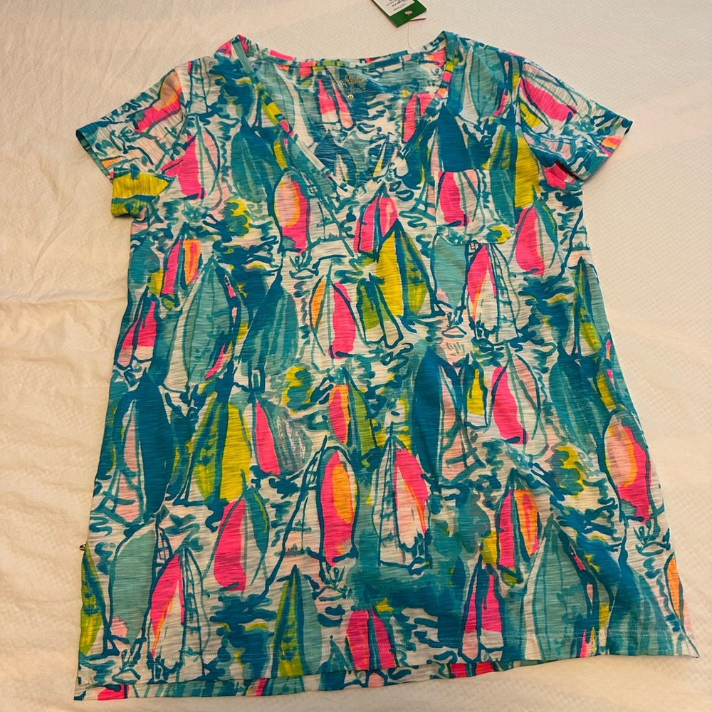 Lilly Pulitzer Multicolor Floral Abstract Print Tee - Blue, Pink, Yellow